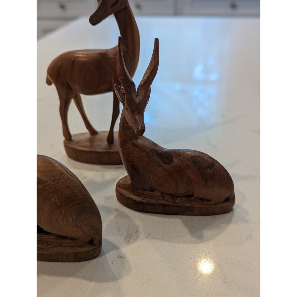 Carved Antelopes Set Of 3 Teak Wood Sculptures Hand carved Safari African... - Picture 4 of 14